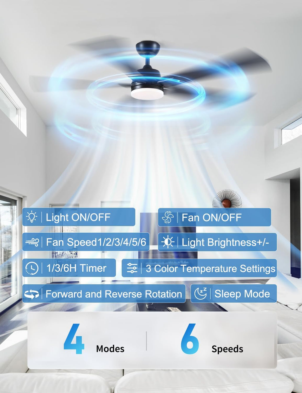 Rayqueen 60 Inch Black Ceiling Fans with Lights and Remote,Includes Downrod | 6 Speed Reversible DC motor,3-color temperature dimmable LED.For indoor/covered outdoor.Modern style for bedroom room
