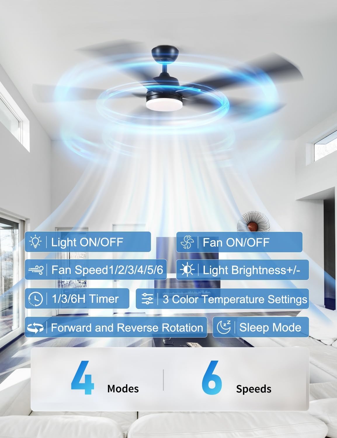 Rayqueen 60 Inch Black Ceiling Fans with Lights and Remote,Includes Downrod | 6 Speed Reversible DC motor,3-color temperature dimmable LED.For indoor/covered outdoor.Modern style for bedroom room