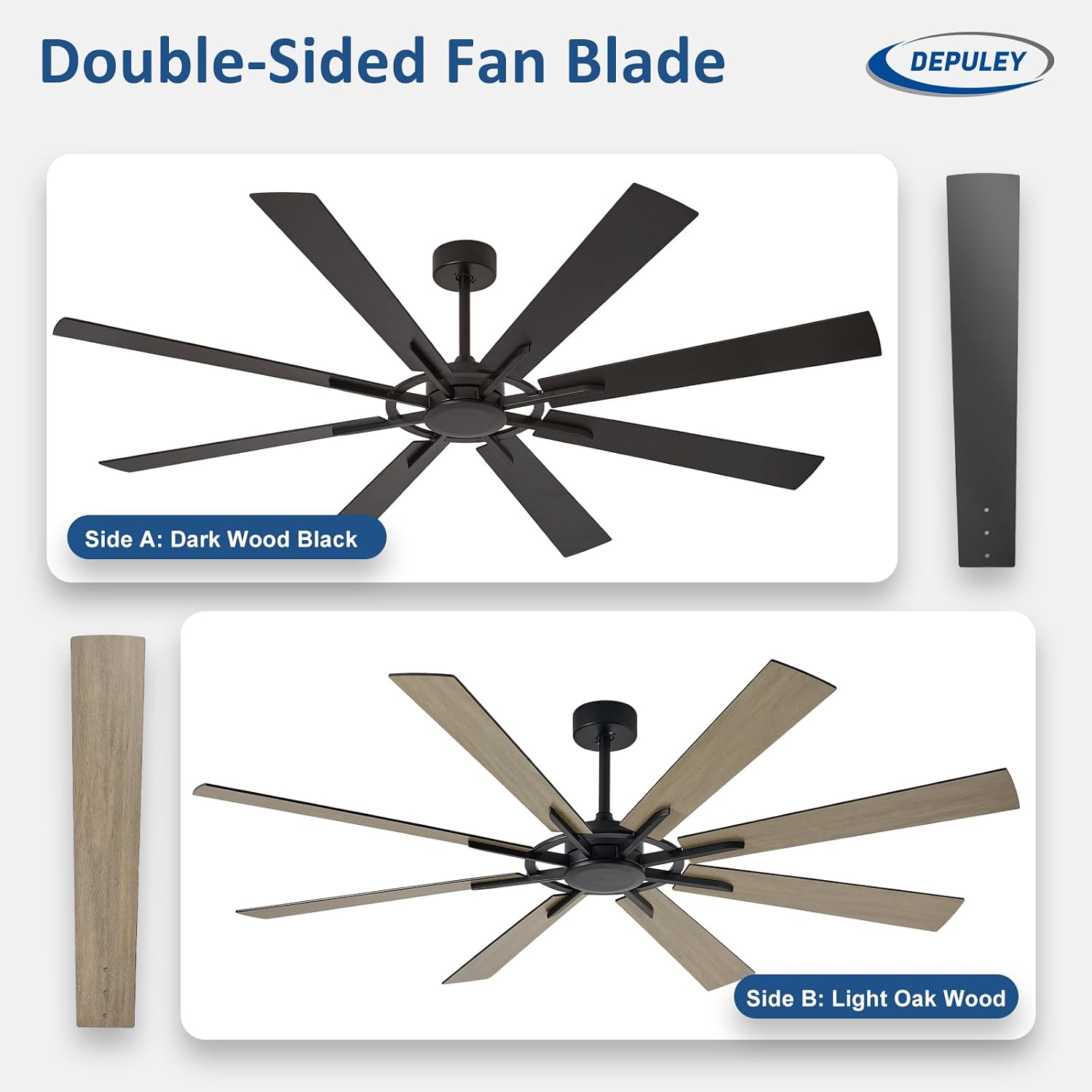 Ceiling Fan Without Light: 72 Inch Big Indoor Outdoor Fan with Remote APP Control - Black Wood Grain Large Ceiling Fan no Light 8 Blade Reversible Quiet DC Motor Memory Function Timer