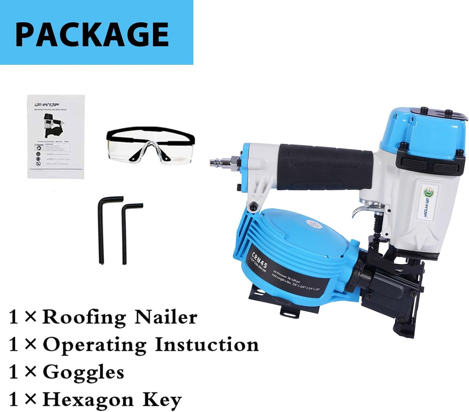 Salvador CN45N Roofing Nailer, 15 Degree Roofing Nail Gun, 3/4-Inch to 1-3/4-Inch Coil Nails, 120-pcs Load Capacity Coil Nailer