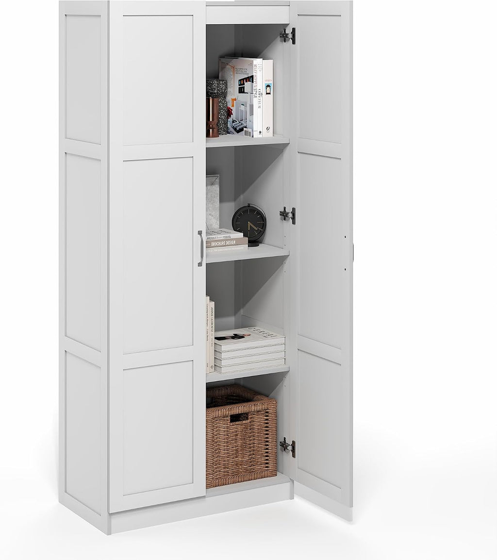 Furinno Robin 4-Tier White Storage Cabinet, 30-Inch Pantry Cabinet with Adjustable Shelves & 2 Shaker-Doors, Kitchen Cabinet, Organization and Storage, for Pantry, Home Office, Plain White