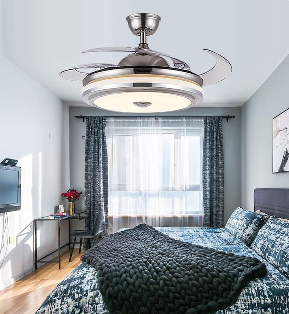 36' Modern Ceiling Fan with Light and Remote Control Retractable Chandelier Fixture 3 Lighting Color 3 Speed Fandelier for Kitchen Bedroom