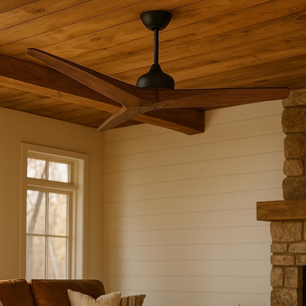 Hinkley Chisel 44' Indoor/Outdoor Smart Ceiling Fan with Remote, Damp-Rated, Modern Wooden Propeller Style Fan Blades, Matte Black and Driftwood blades