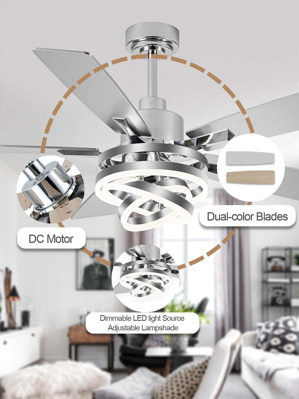52 Inch Fandelier Ceiling Fan with Lights and Remote Modern Ceiling Fans Silver Chandelier LED Light Quiet Reversible DC Motor Dimmable 3CCT 6 Wind Speeds for Indoor Outdoor Living Room