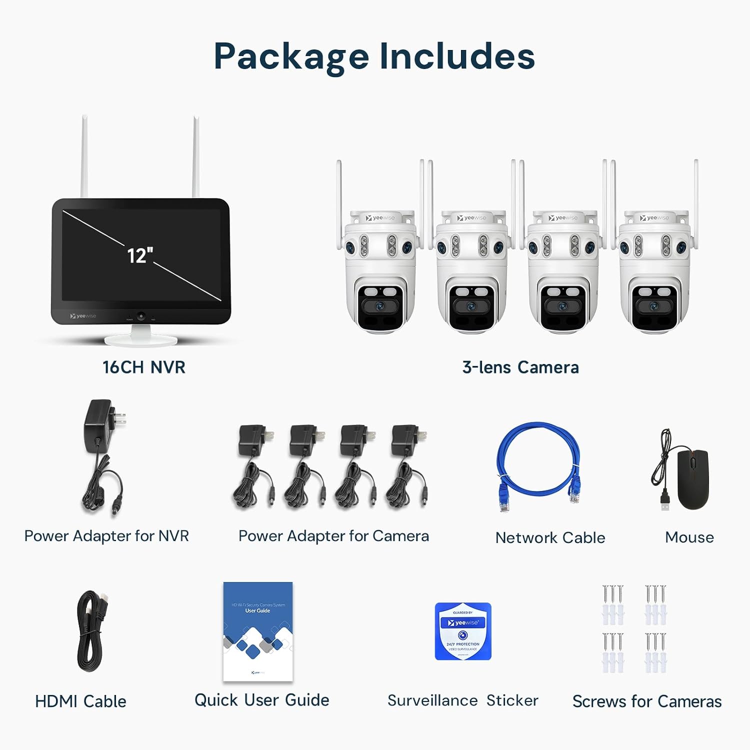 yeewise Triple Lens Wireless Security Camera System with 12' Monitor, 180° Wide View + 360° PTZ AI Tracking, WiFi 6, 16CH NVR, 24/7 Recording, 500GB HDD, No Monthly Fee, Plug-in Power