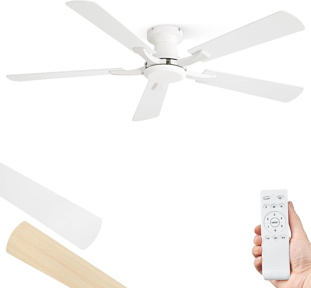 ZMISHIBO 52 Inch Ceiling Fan No Light, Flush Mount Low Profile, Modern White Ceiling Fan Without Light, Remote Control & Quiet DC Motor, for Indoor&Outdoor, Bedroom, Living Room