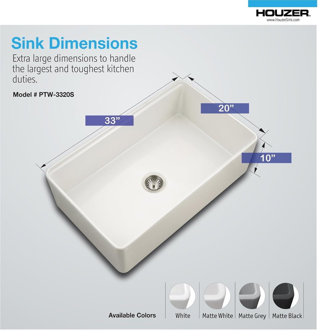 Houzer Aspire 33 inch Matte White Fireclay Farmhouse Apron Front Single Bowl Workstation Sink with Accessories - PTW-3320S MWH