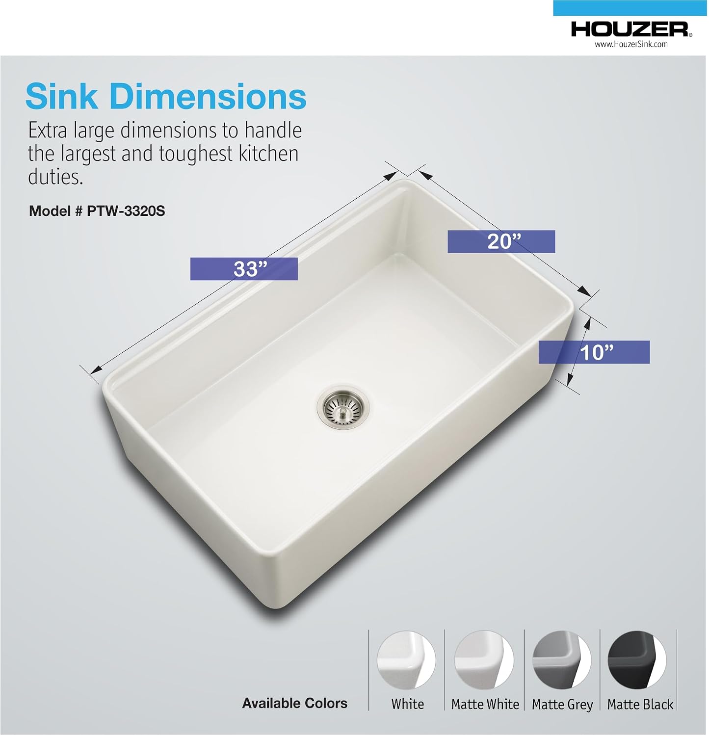 Houzer Aspire 33 inch Matte White Fireclay Farmhouse Apron Front Single Bowl Workstation Sink with Accessories - PTW-3320S MWH