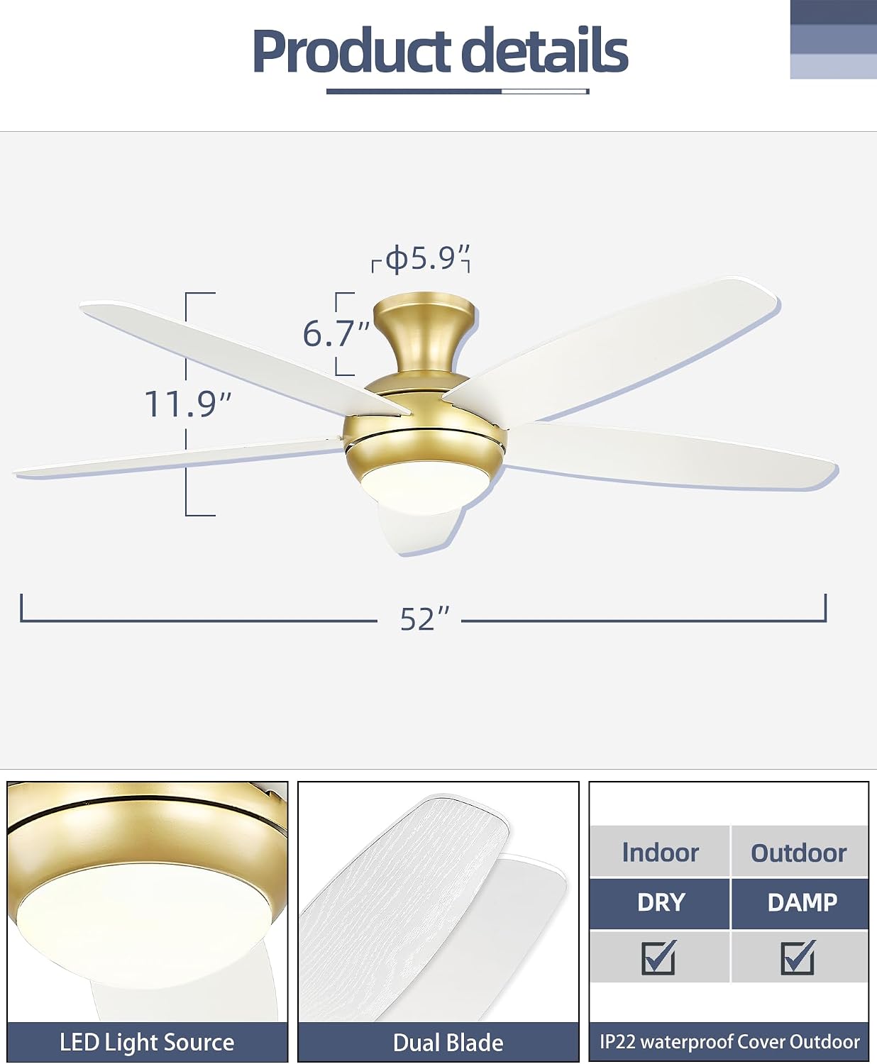 YOUKAIN 52'' Low Profile Ceiling Fan With Light, Gold Flush Mount Ceiling Fan, 6 Speeds DC Reversible Motor, Outdoor Indoor Modern Smart Ceiling Fans Work With WIFI App, 52-YJ236-GD