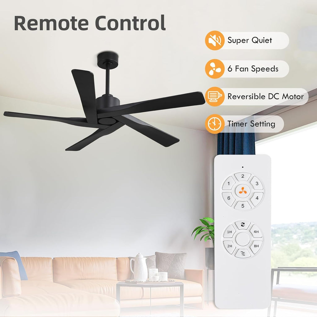 WINGBO 54' ABS DC Ceiling Fan No Light, 5 Blade ABS Plastic Ceiling Fan with Remote, 6-Speed Reversible DC Motor, Ceiling Fans without Light for Kitchen Bedroom Living Room, Matte Black