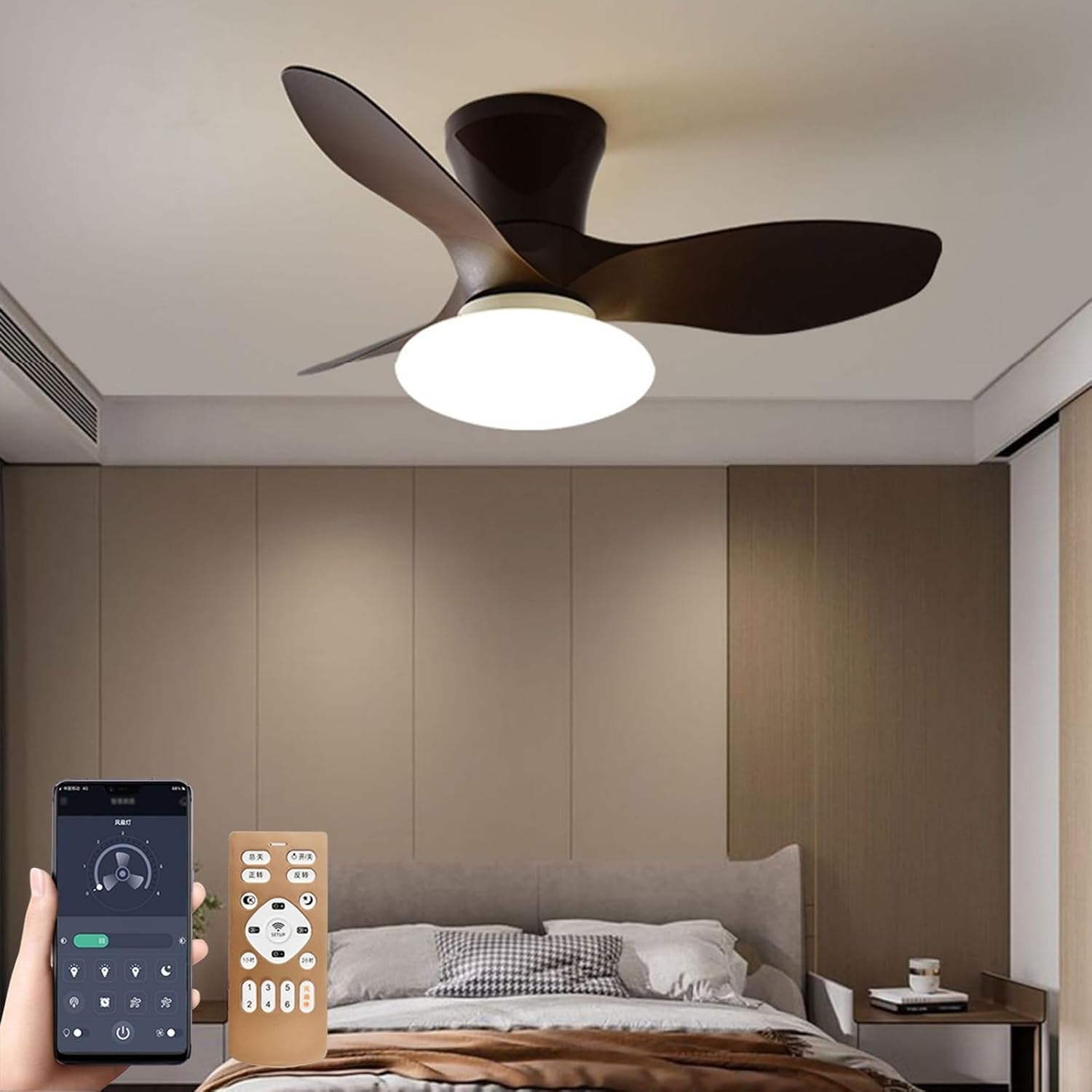 Ceiling Fans Lights with APP & Remote Control, Ceiling Fans with Lights and Remote, Modern Reversible Small Flush Mount Ceiling Fan 3 Colors Quiet 6 Speeds Ceiling Fan, for Bedroom/Patio(Brown)