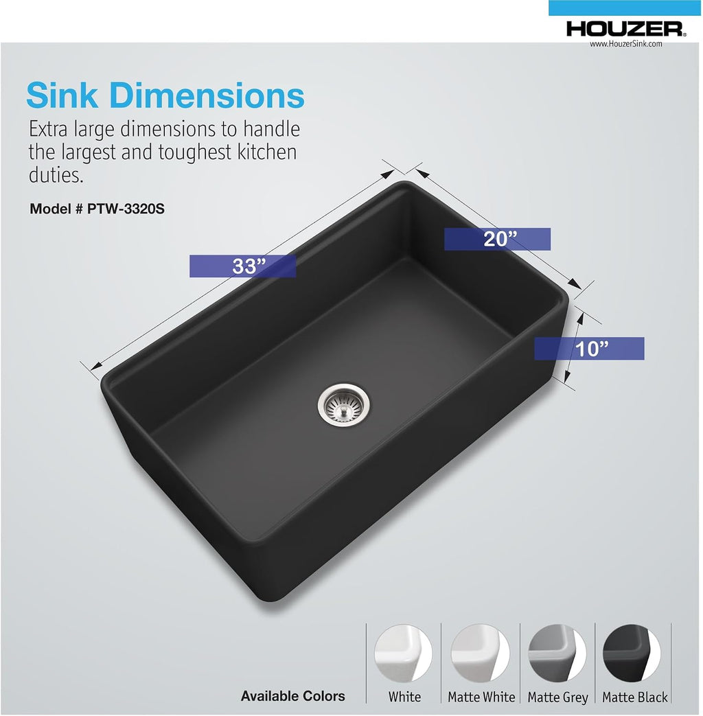 Houzer Aspire Black Fireclay Workstation Sink: 33 Inch Farmhouse Apron Front Single Bowl with Accessories, Durable & Versatile, Essential for Home & Apartment: PTW-3320 BL