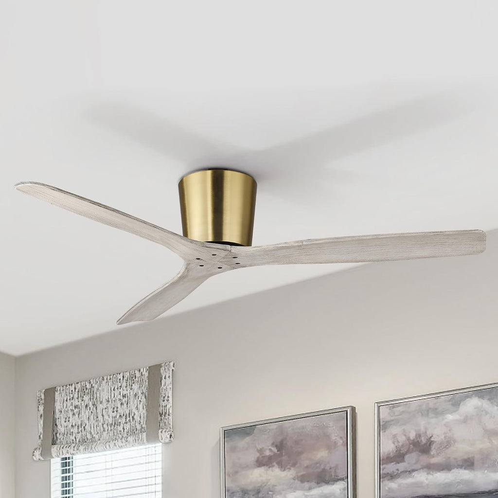 54' Modern Flush Mount Ceiling Fan with Remote, Gold Ceiling Fan with Solid Wood Blades, Low Profile Reversible DC Ceiling Fan for Bedroom, Living Room, Japandi, Coastal & Modern Organic Interiors