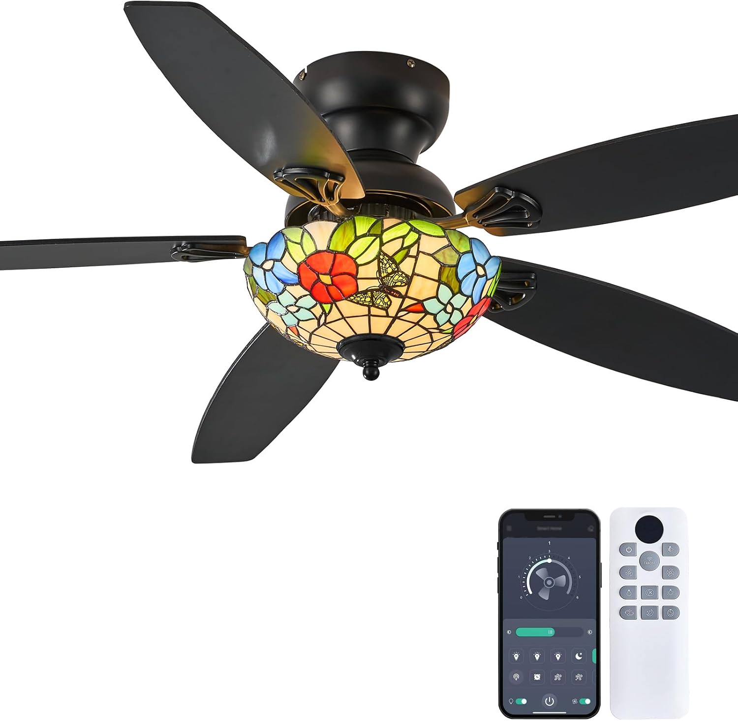 Tiffany Ceiling Fans with Lights - 52' Ceiling Fan Chandelier with 5 Dual-Blades and Glass Shade, 6 Speeds and Reversible, Indoor and Outdoor, Retro Style