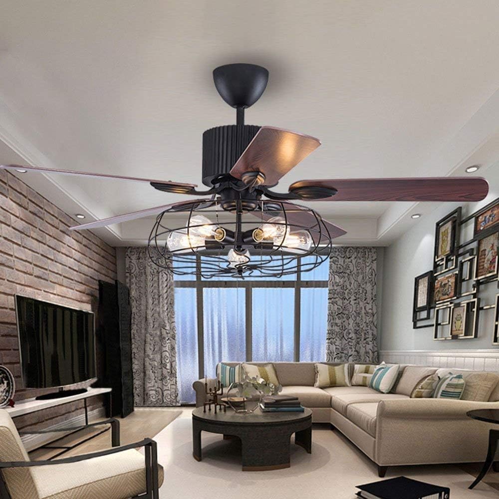 52Inch Industrial Ceiling Fan with Light, Vintage Metal Cage Ceiling Fans Reversible Retro 5 Wood Blades Remote 3 Speeds Timer Light Fixture for Living Room Farmhouse Dining Room Kitchen