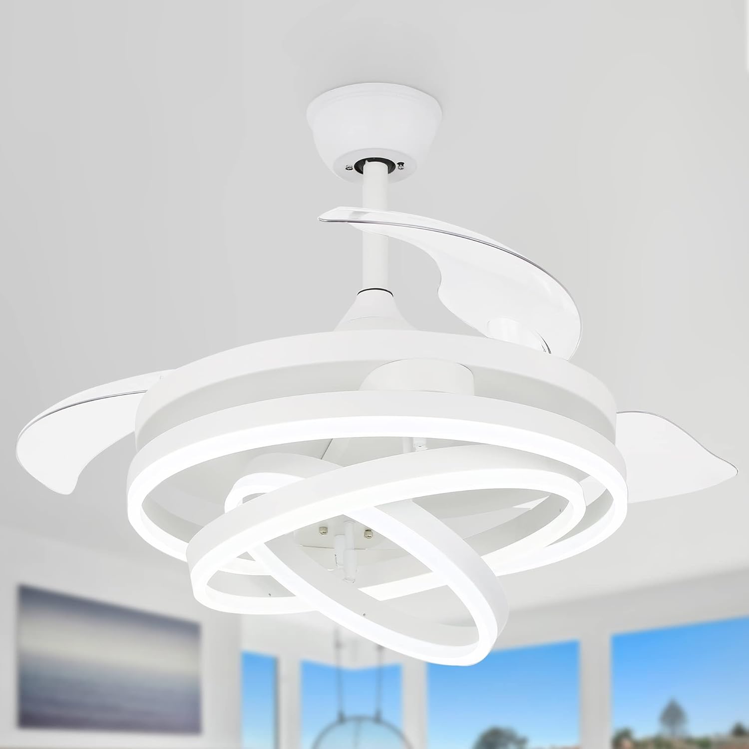White 42' Retractable Fandelier Ceiling Fan with Lights Remote - Silent Dimmable Modern 6 Speed LED Chandelier Fan for Bedroom Living Room Kitchen