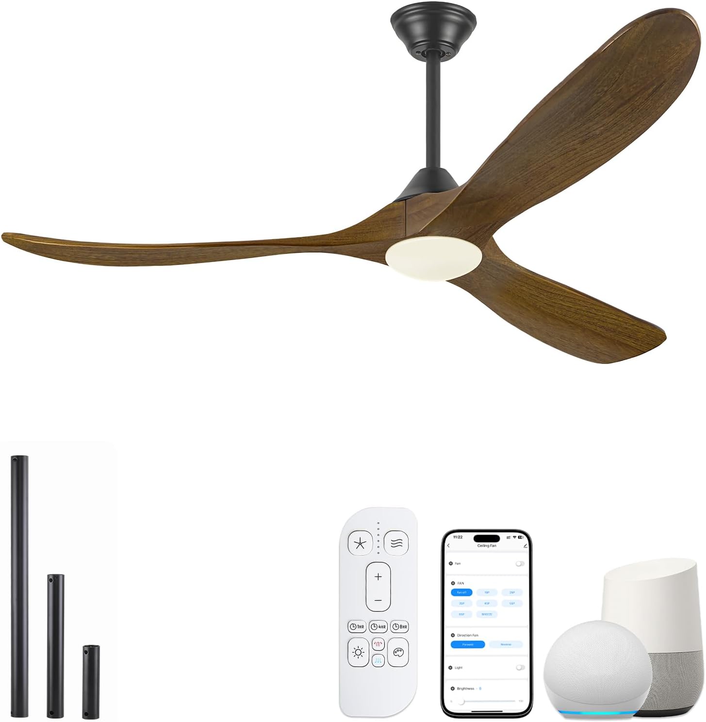 52 Inch Outdoor Ceiling Fan with Light, Smart Ceiling Fan with Alexa/Google Assistant/APP/Remote Control, High CFM Quiet 3 Blade Wood Walnut Fan, Damp Rated for Patios Bedroom Farmhouse Living Room