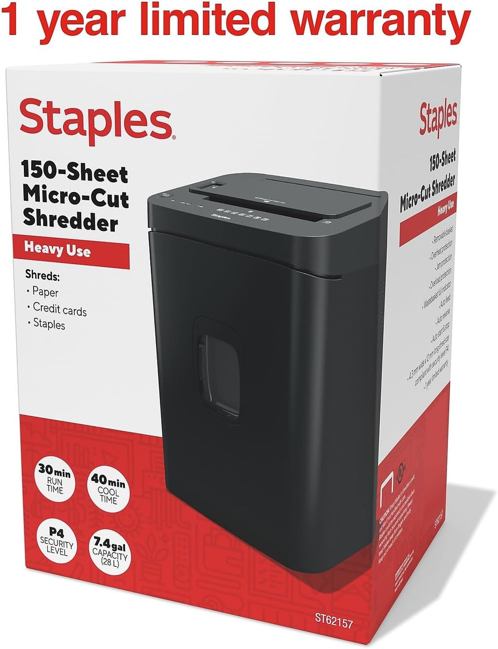 Staples 150-Sheet Micro-Cut Paper Shredder, Autofeed, Anti-Jam, 7.4-Gallon Pull-Out Bin, Black, for Home & Office, Black