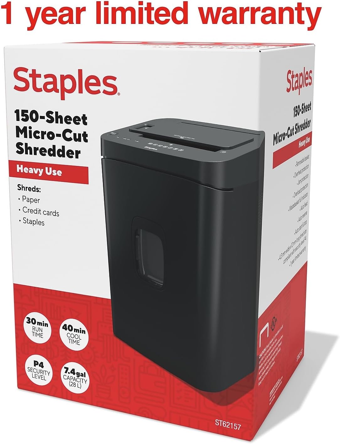 Staples 150-Sheet Micro-Cut Paper Shredder, Autofeed, Anti-Jam, 7.4-Gallon Pull-Out Bin, Black, for Home & Office, Black
