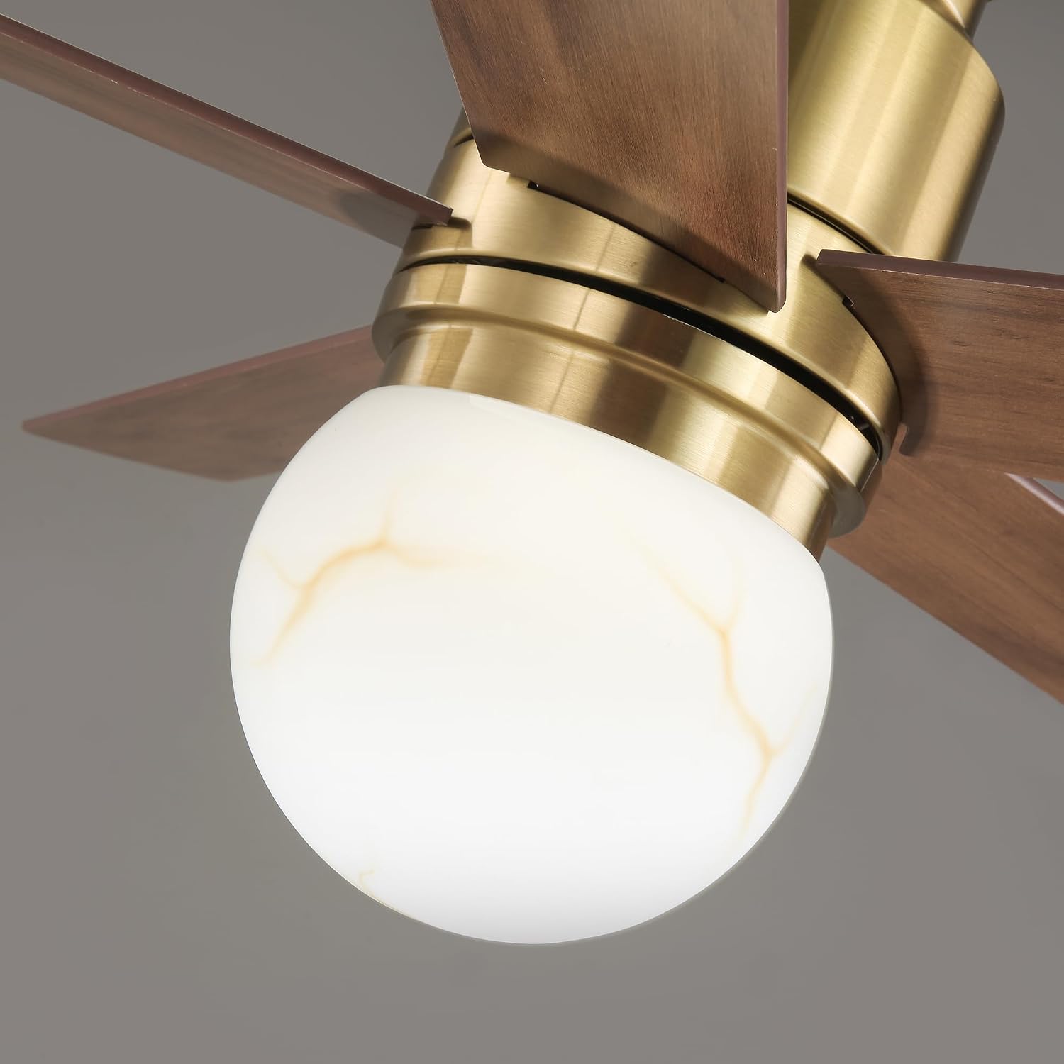 52' Low Profile Ceiling Fan with Light, Modern Flush Mount Brushed Gold Ceiling Fan Remote, Dimmable LED 3 Color Temp, Quiet Reversible DC Motor, Dual-Finish White/Walnut Blades