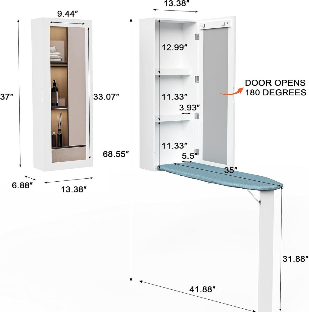 Wall Mounted Ironing Board with Storage Cabinet,Built in Ironing Board & Folding Support Leg, Wall-Mounted Mirrors for Home, Apartment & Small Spaces