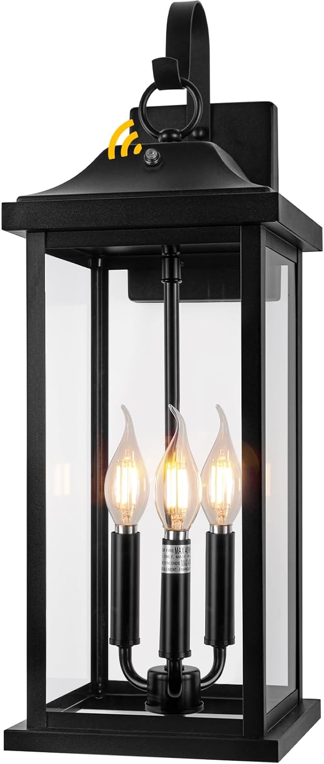 23' Dusk to Dawn Outdoor Lighting Extra Large 1 Pack, 3-Light Candelabra Front Porch Light with Photocell Sensor Outside Wall Sconce Modern Exterior Lighting Fixture Carriage Light, E12