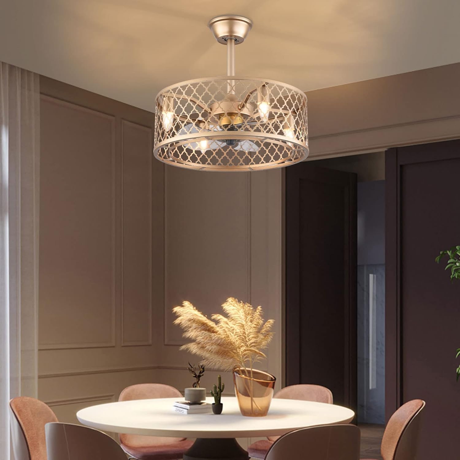 20inch Industrial Ceiling Fan with Lights Enclosed Ceiling Fan Indoor w/ Remote, Gold Caged Retro Ceiling Fan Metal Bladeless Chandelier Fan Lighting Fixture for Living Dining Room Bedroom Kitchen