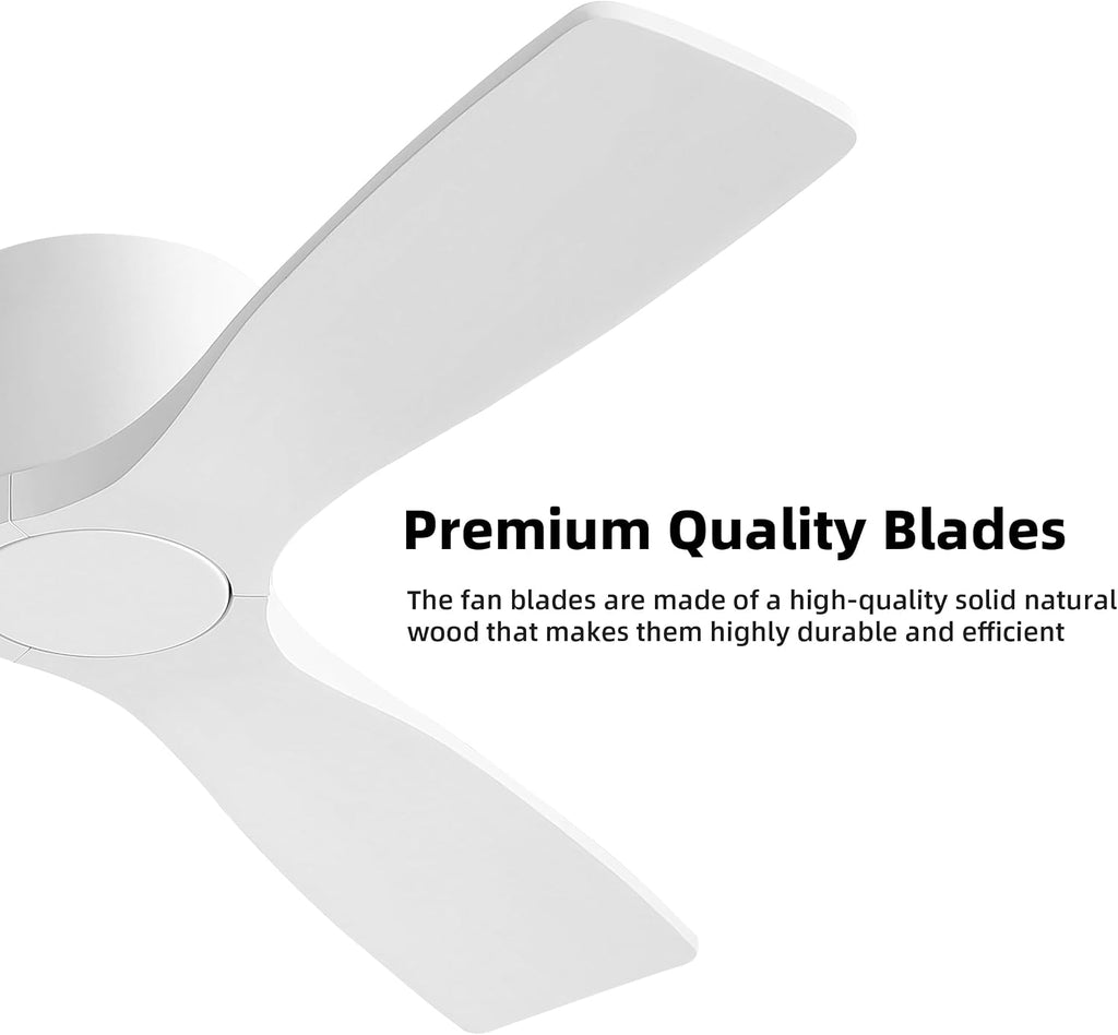 WINGBO 48 Inch Flush Mount DC Ceiling Fan without Lights, 3 Carved Wood Blades, 6-Speed Noiseless Reversible DC Motor, Hugger Ceiling Fan No Lights in Gloss White Finish, ETL Listed