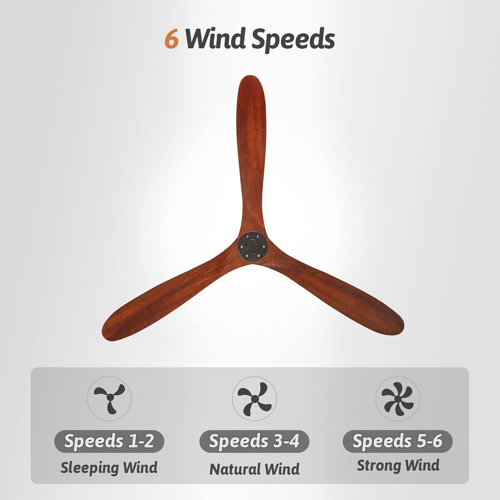 60'' Walnut Ceiling Fan with 3 Wood Blades, 6 Speeds Smart Timing Reversible DC Motor, Modern Black Fan for Indoor/Outdoor Farmhouse/Patios