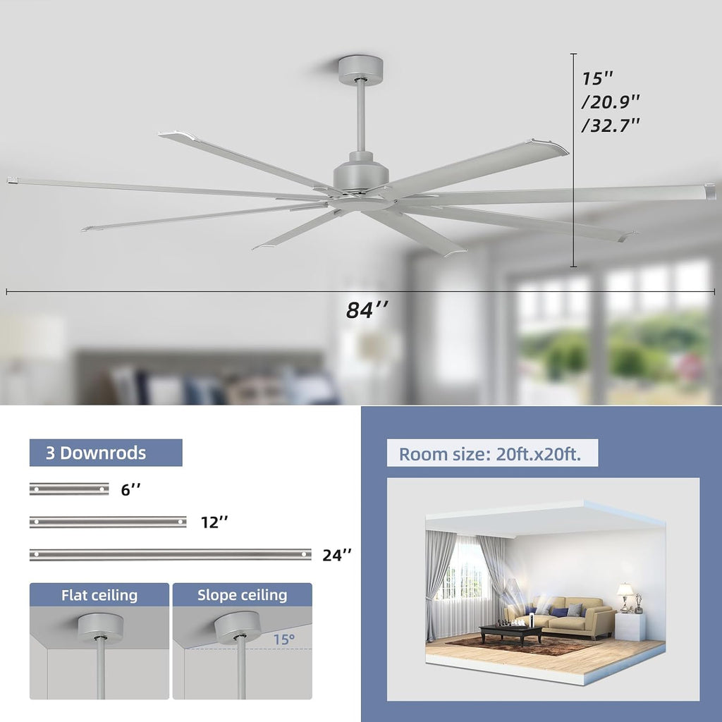 YYEHON 84 inch Large Ceiling Fans No Lights，Industrial Ceiling Fan with 8 Aluminum Blades,3 Downrod，6-Speed Remote Control, Home or Commercial Ceiling Fan for Porch，Garage，Shop