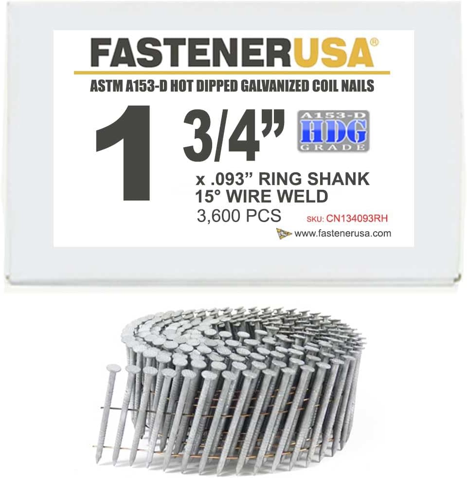 1 3/4' x .093 Ring A153-D HDG Coil Nails 15-DEG Wire 3,600ct