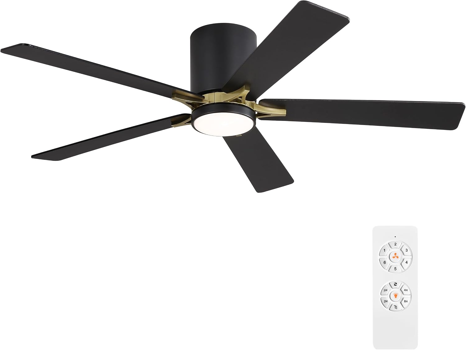 WINGBO 52' DC Flush Mount Ceiling Fan with Lights, 5 Plywood Blades, 6-Speed Reversible DC Motor, 3CCT, Low Profile Hugger Ceiling Fan for Living Room Bedroom Kitchen, Black and Brass