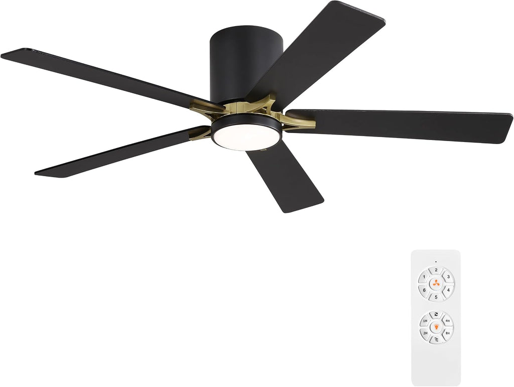 WINGBO 48' DC Flush Mount Ceiling Fan with Lights, 5 Plywood Blades, 6-Speed Reversible DC Motor, 3CCT, Low Profile Hugger Ceiling Fan for Living Room Bedroom Kitchen, Black and Brass