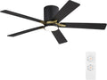 WINGBO 48' DC Flush Mount Ceiling Fan with Lights, 5 Plywood Blades, 6-Speed Reversible DC Motor, 3CCT, Low Profile Hugger Ceiling Fan for Living Room Bedroom Kitchen, Black and Brass