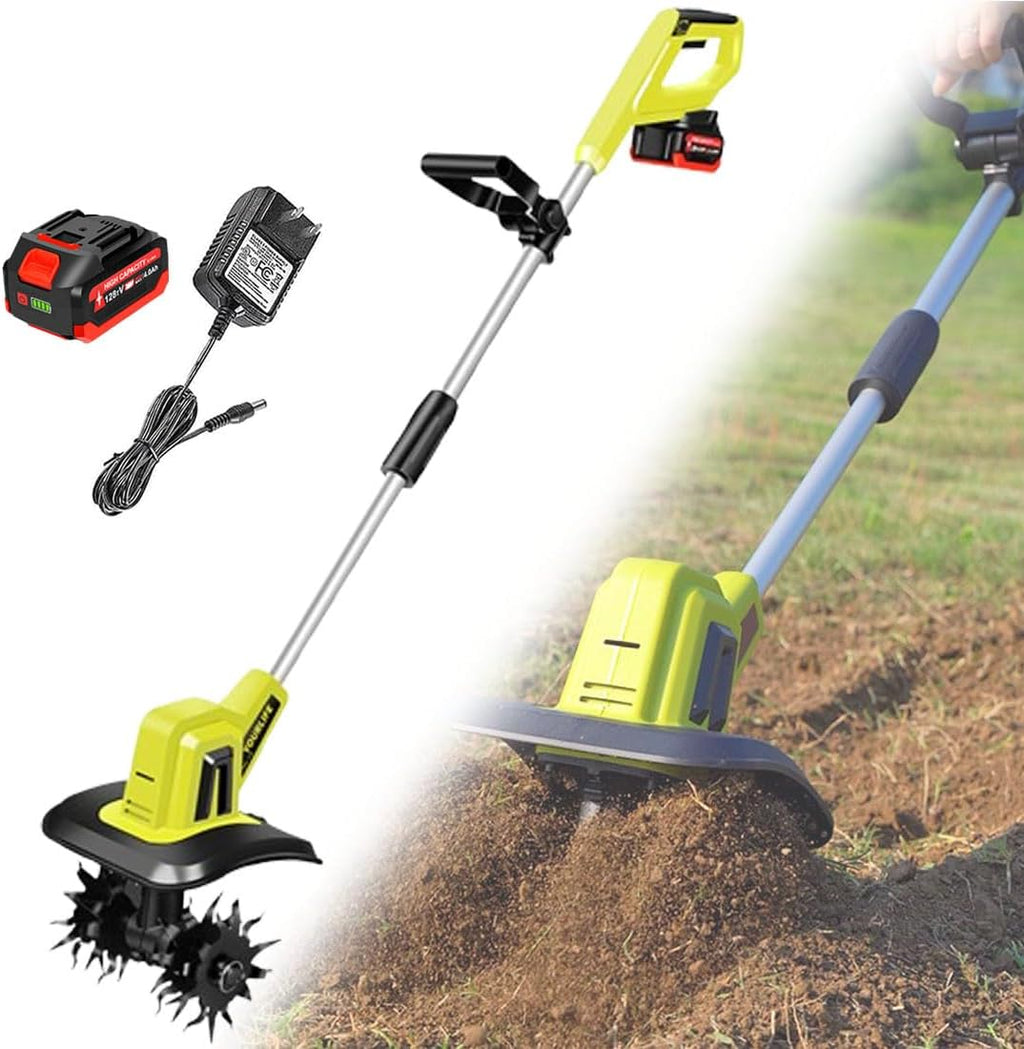 Cordless Tiller Cultivator, 270Rpm Electric Garden Tiller with 4 Steel Blades, 25Cm Cultivating Width, 22Cm Tilling Depth, 4000Mah Battery, for Lawn Gardening