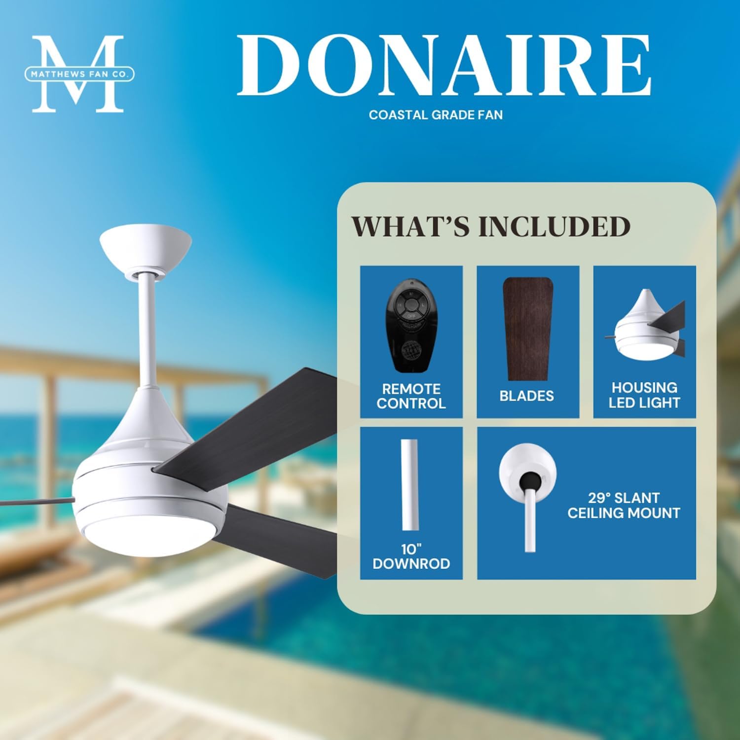Matthews DA-WH-BB Donaire Outdoor Wet/Salt Water Rated 52' Marine-Grade Coastal Ceiling Fan with LED Light & Remote, Gloss White with Brushed Bronze