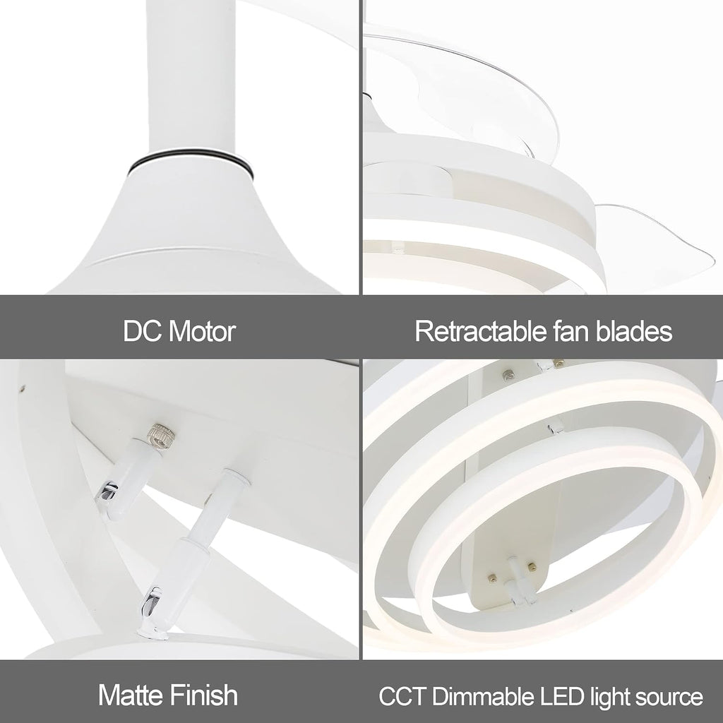 White 42' Retractable Fandelier Ceiling Fan with Lights Remote - Silent Dimmable Modern 6 Speed LED Chandelier Fan for Bedroom Living Room Kitchen