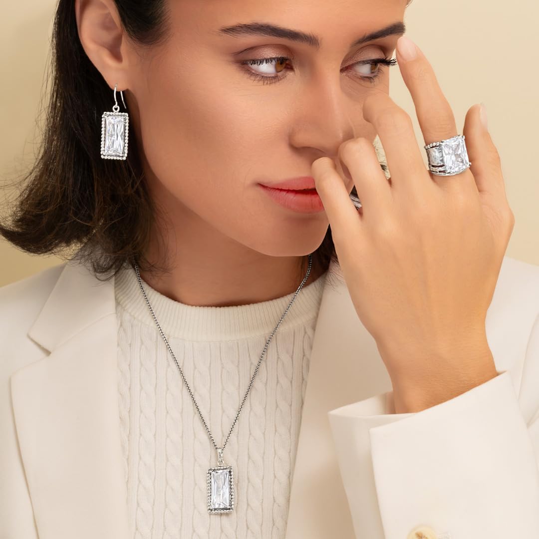 JEAN RACHEL JEWELRY 925 Sterling Silver Necklace for Women - Baguette with Cubic Zirconia Vintage Design - Hypoallergenic, Lead & Nickel Free - Artisan Handcrafted Statement Necklace