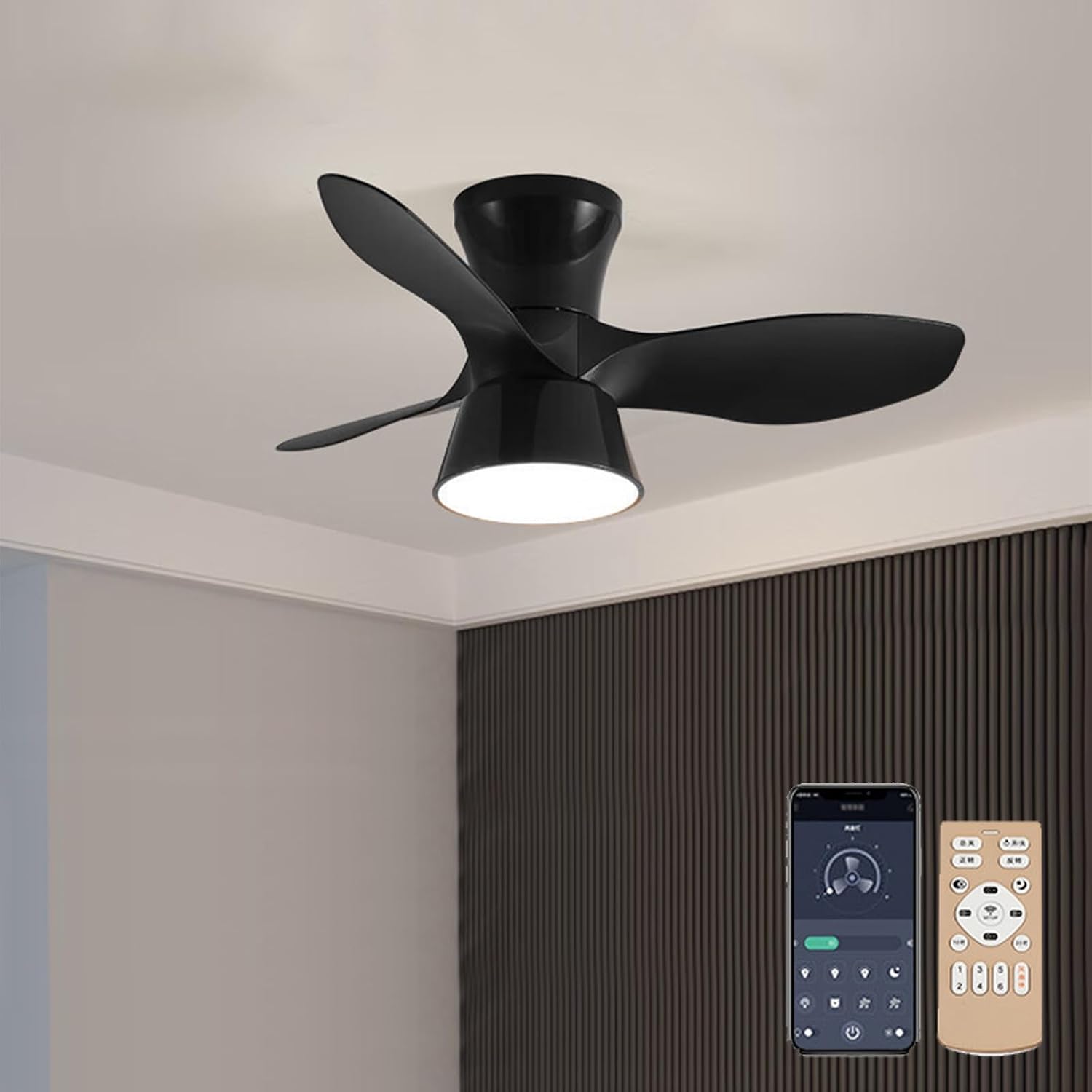 Small Ceiling Fans with Lights, 80cm/31in Flush Mount Ceiling Fan with Light and Remote, Modern Ceiling Fan for Bedroom/Kitchen/Dining Room/Patio(Black)