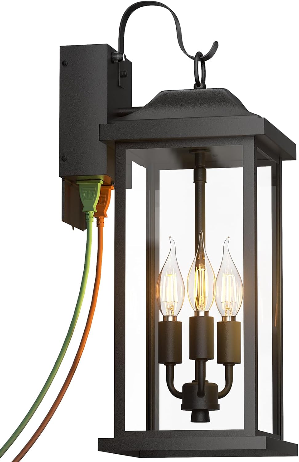 23 Inch GFCI Outlet Dusk to Dawn Outdoor Light for House, Photocell Exterior Lighting Fixture with Receptacles Extra Large Porch Light with Plug Matte Black Outdoor Wall Sconce Light Garage