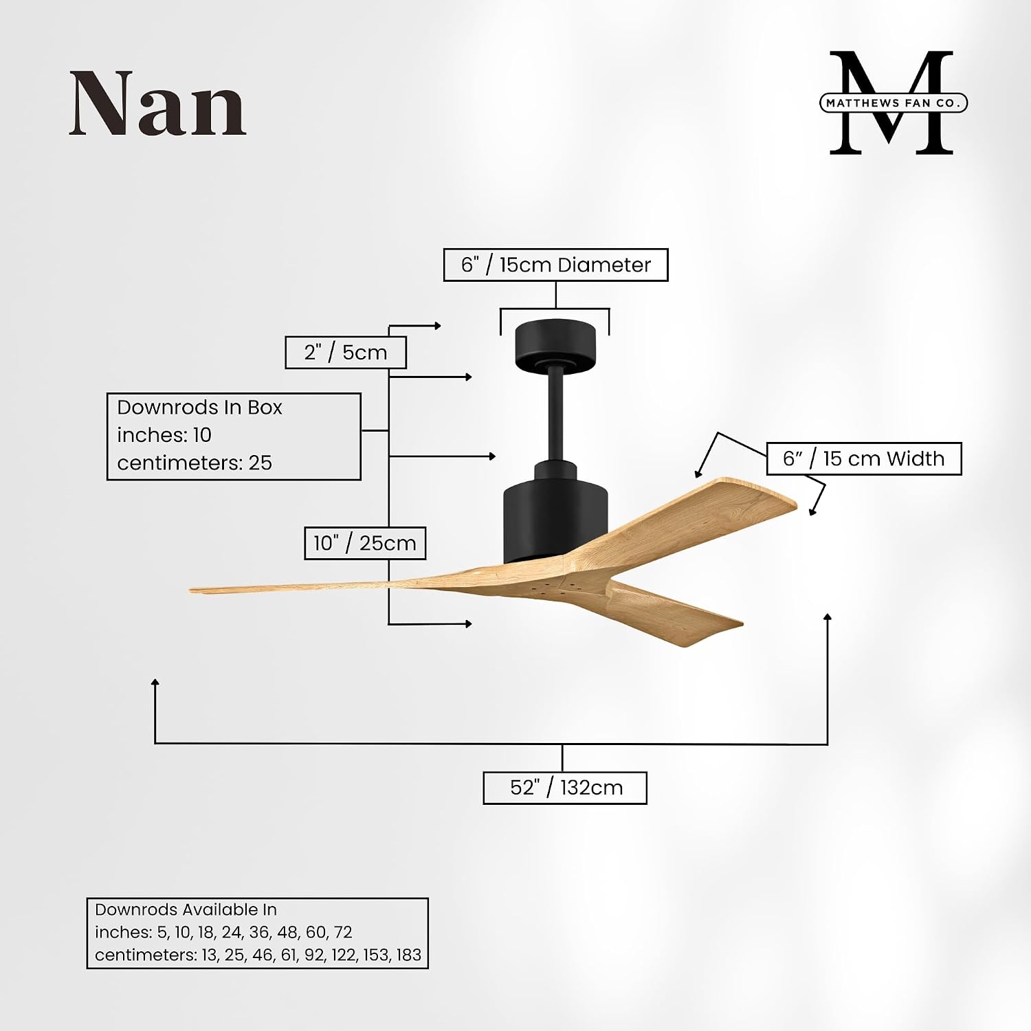 Matthews NK-BK-LM-52 Nan Damp Rated 52' Ceiling Fan with Remote and Wall Control, 3 Solid Wood Blades, Silent DC Motor, Matte Black with Light Maple Tone
