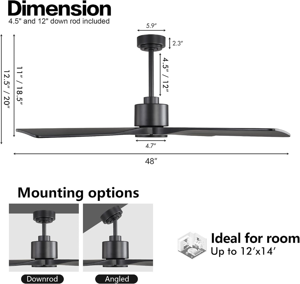 WINGBO 48' DC Ceiling Fan without Lights, 4 Carved Solid Wood Blades, 6-Speed Noiseless Reversible DC Motor, Modern Ceiling Fan No Light with Remote, Matte Black Finish with Black Blades, ETL Listed