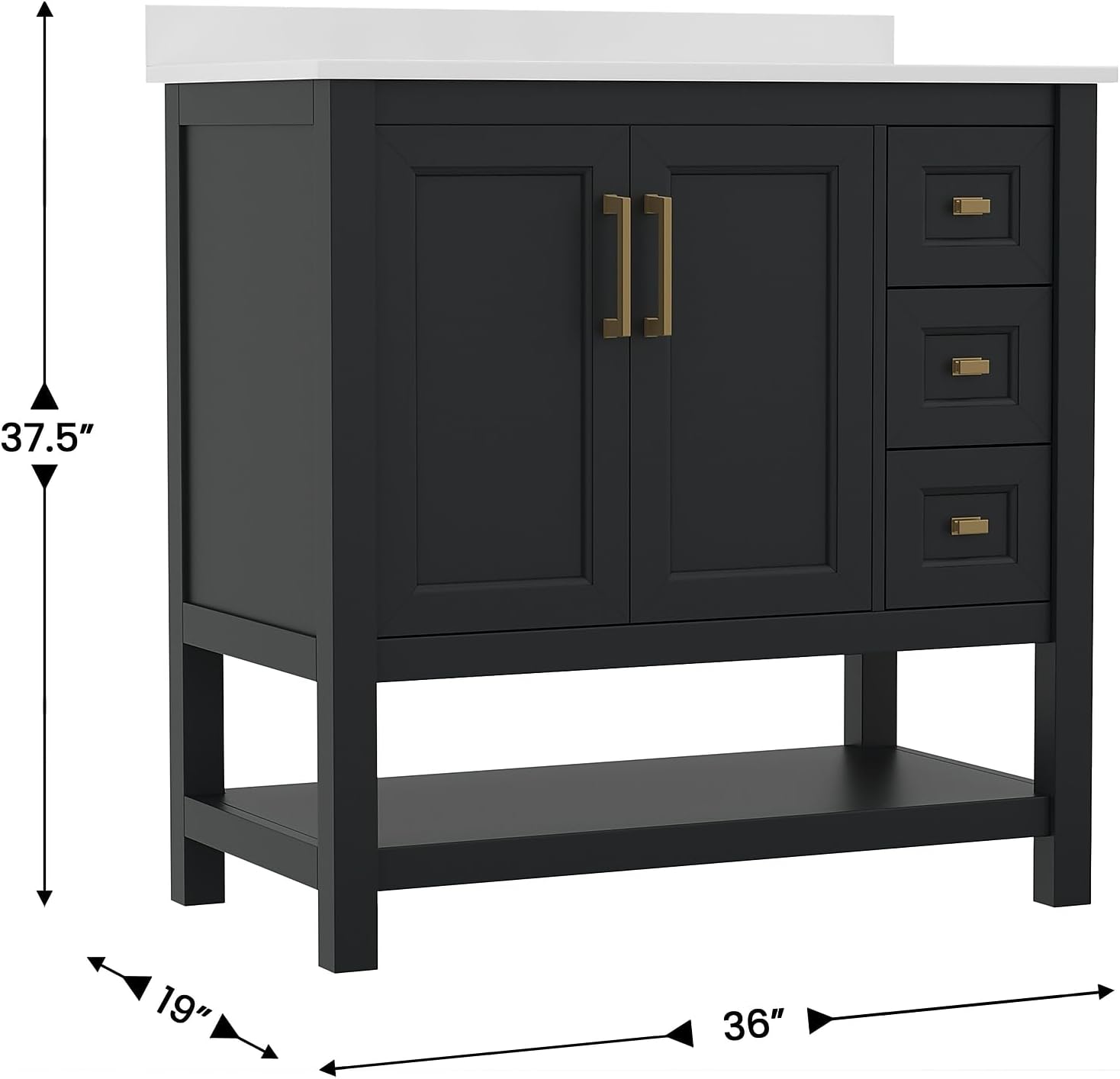 Flash Furniture Vega 36 Inch Bathroom Vanity with Sink, Storage Cabinet with Soft Close Doors, Open Shelf and 3 Drawers, Carrara Marble Finish Countertop, Black/Gold