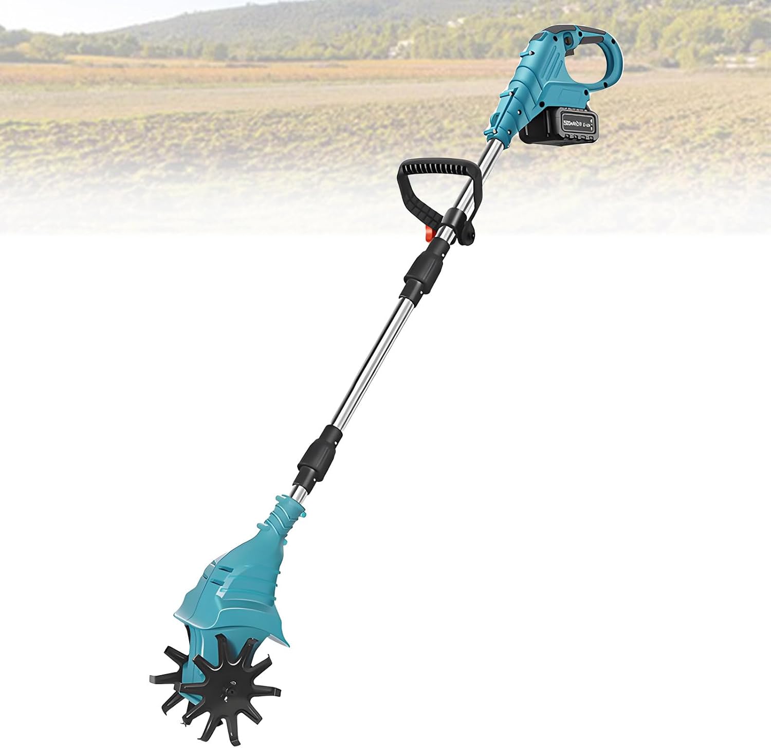 21v Cordless Tiller Cultivator, Gardening Tillers with 270RPM, 1 or 2 Battery Set, 20cm Width 25cm Depth, Portable for Lawn Garden Small Space Blue-DualBlades-2batteries