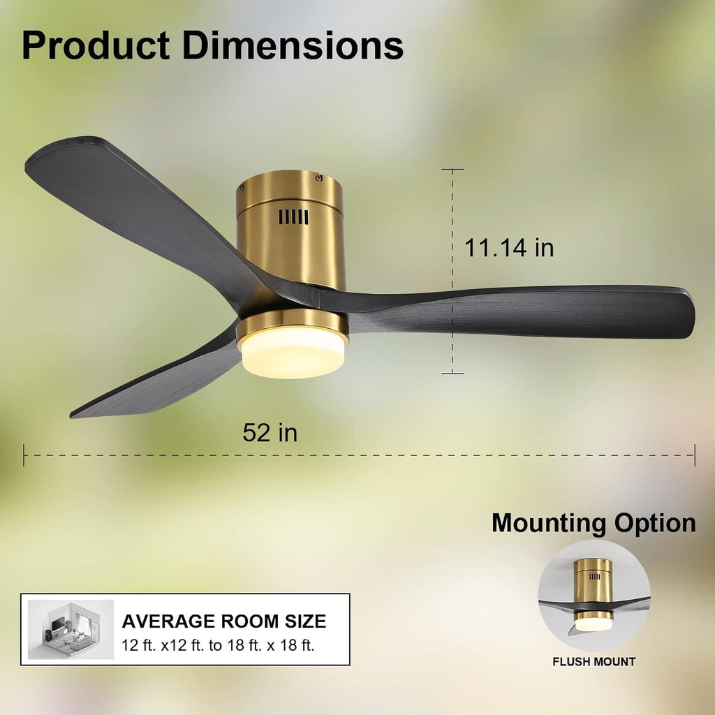 Sofucor 52 Inch Low Profile Ceiling Fan with Light, Solid Wood 3 Blades with Remote Outdoor Ceiling Fan with Light, Dimmable Light, 6-Speed, Timer, Reversible DC Motor for Living Room Bedroom