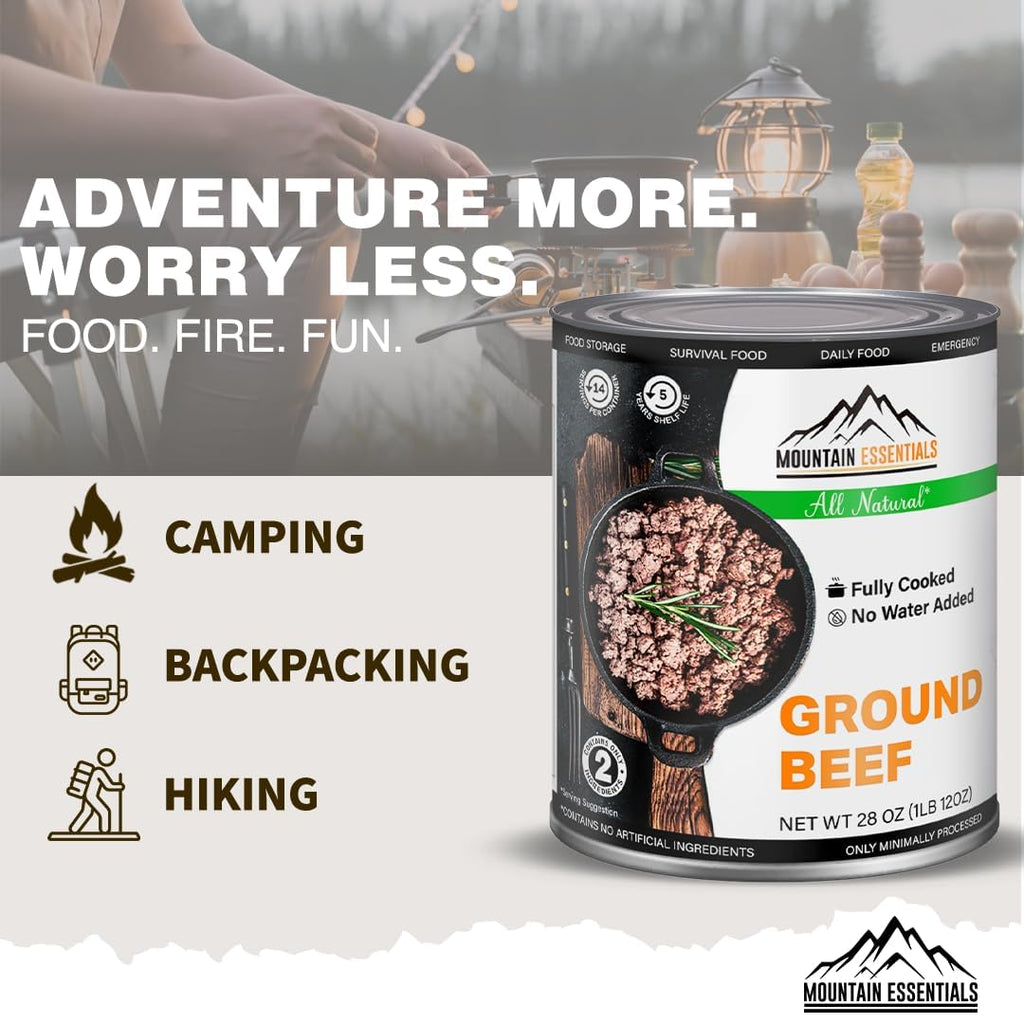 MOUNTAIN ESSENTIALS Fully Cooked Ready to Eat Canned Meat Variety Pack 28 Oz – 3 Beef, 3 Ground Beef, 2 Chicken, 2 Turkey, 2 Pork – Pantry Staples for Daily Use & Emergency Meals – Made in USA 12 Pack