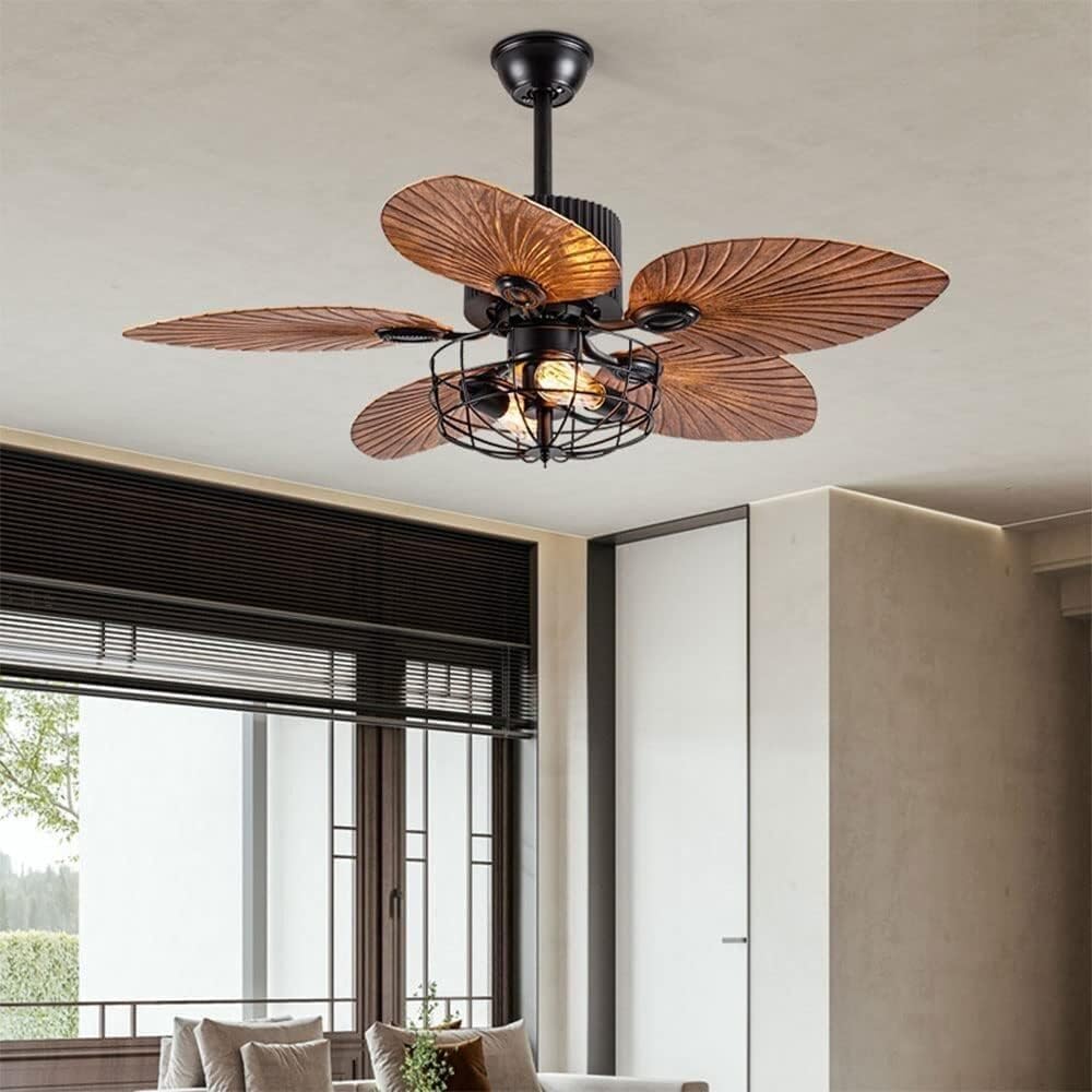 Low Profile Ceiling Fan Retro Remote Control Ceiling Fan Light 5 Plastic Blades 6-Speed Wind Speed Reversible Fan Light for Bedroom Living Room Fan Lights Ceiling Fixtures(2-Lights)