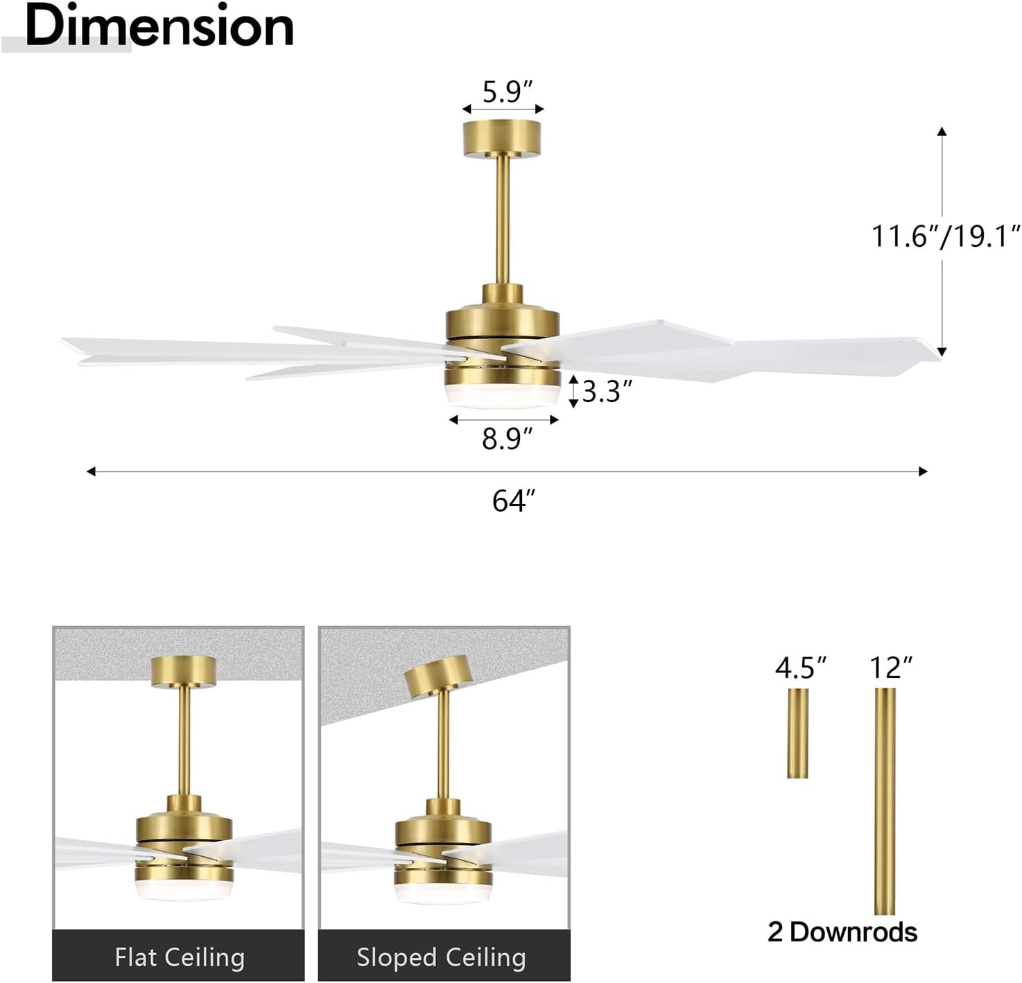 LEDLUX 64' Ceiling Fan with Light, 6-Speed Remote Control, Reversible DC Motor, Modern 9 Blades with 4.5'/12' Downrods for Home or Commercial White/Gold