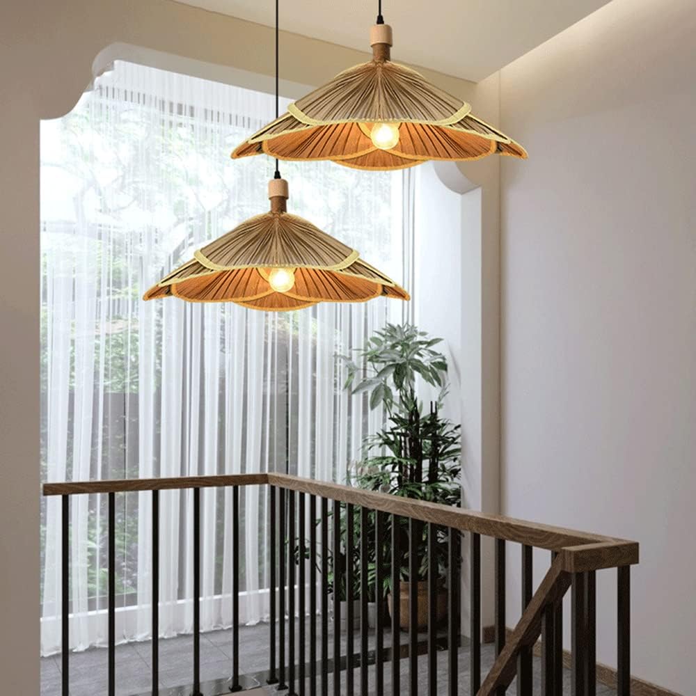 1-Light Hanging Lamp Rattan Hand-Woven Pendant Light Bamboo Fan Retro Chaner Home Decor Pastoral Style Ceiling Lighting Fixture for Dining Room,Living Room Bar +Wood