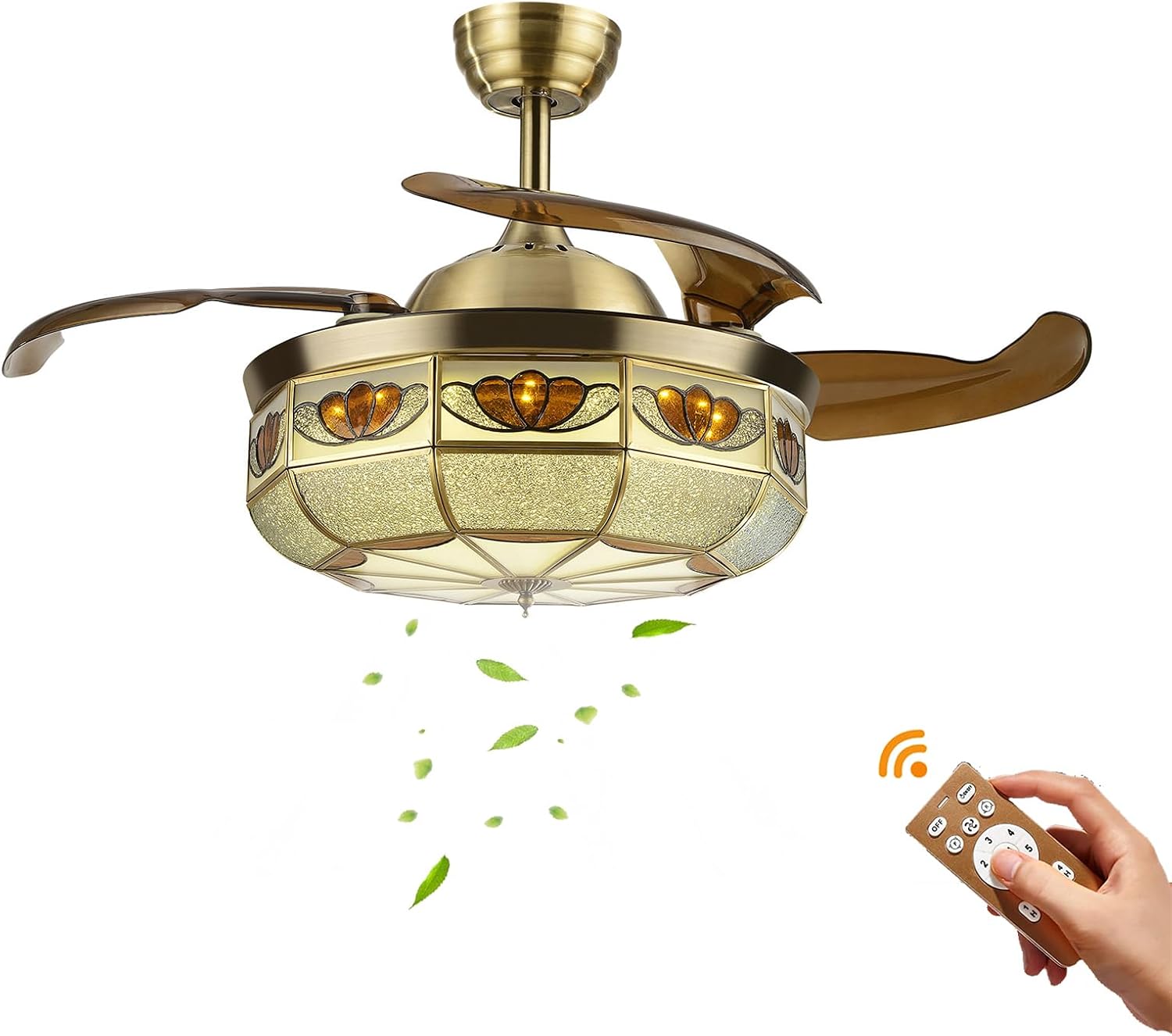 36' Vintage Retractable Ceiling Fan Light, Chandelier Fan with controller 3-Color Lighting 6-Speed Copper Glass Lampshade & Reverse Function for Bedroom Living Room (Bronze)